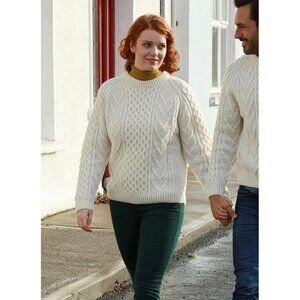 BLARNEY WOOLLEN MILLS Women's Traditional Hand-Knit Aran Sweater Sz L In Natural